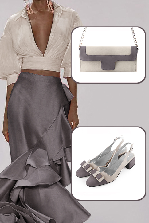 Women's pebble grey and silver elegant slingback heels, with a bow on the front. Round toe. Low flare heels - Worn view